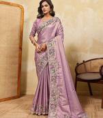 Lavender soft silk blend saree with beads embroidery border