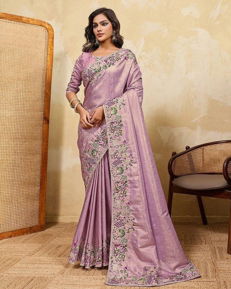 Lavender soft silk blend saree with beads embroidery border
