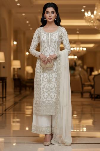 White color girlie butterfly net ceremonial salwar kameez for glamorous looks