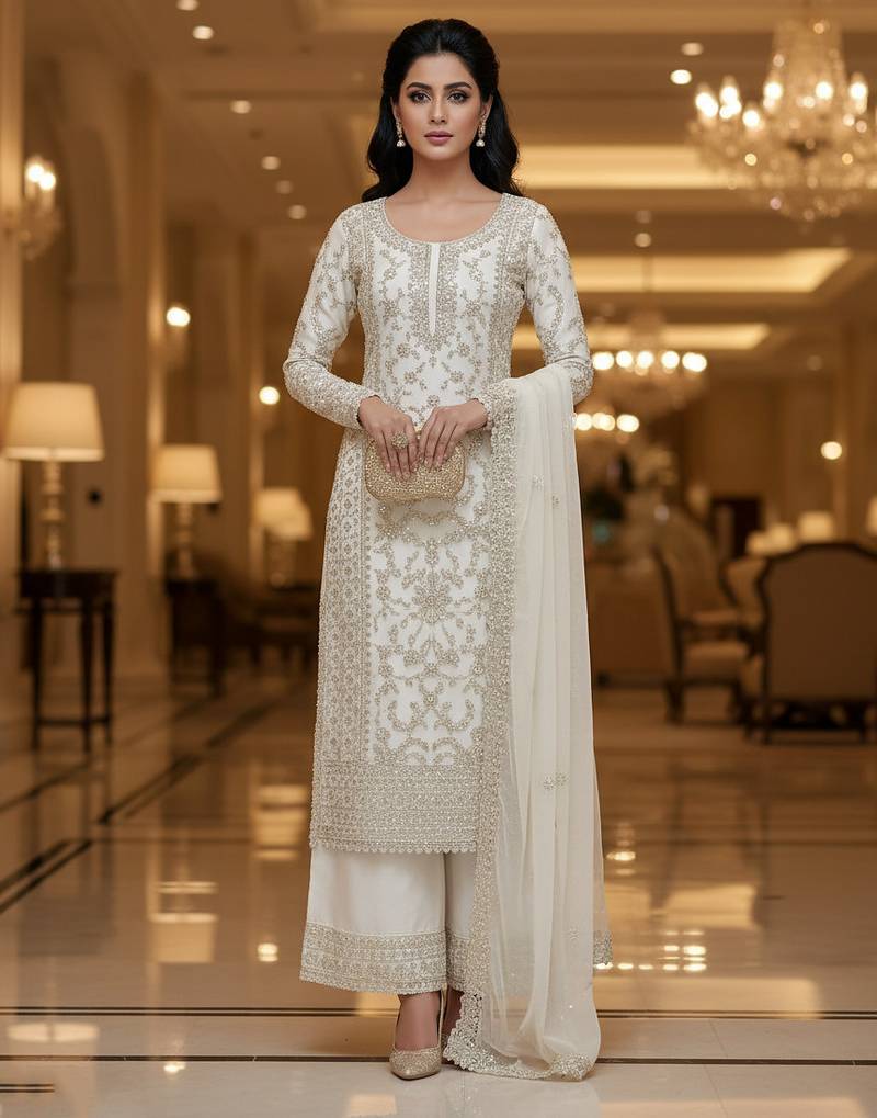 White color girlie butterfly net ceremonial salwar kameez for glamorous looks