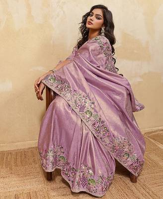 Lavender soft silk blend saree with beads embroidery border 2