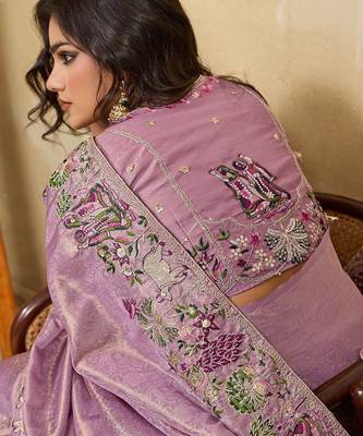 Lavender soft silk blend saree with beads embroidery border 3