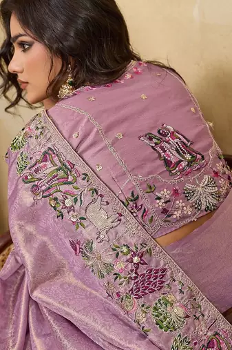 Lavender soft silk blend saree with beads embroidery border