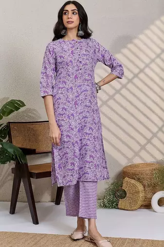 Lavender women floral printed regular pure cotton kurta with trousers & with dupatta