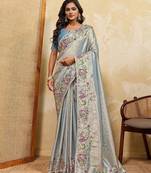 Sky blue soft silk blend saree with beads embroidery border