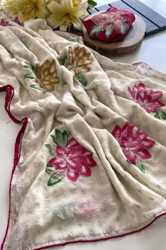 Beige georgette printed saree with floral print
