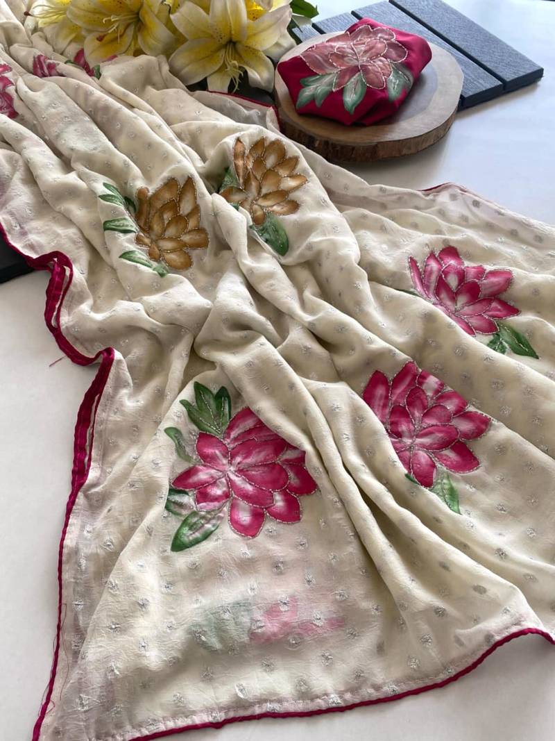 Beige georgette printed saree with floral print