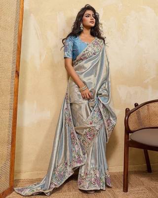 Sky blue soft silk blend saree with beads embroidery border 2