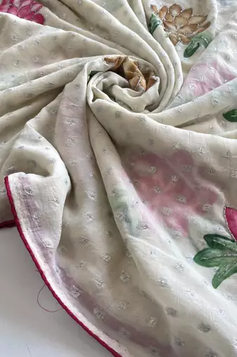 Beige georgette printed saree with floral print