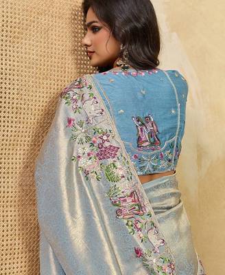 Sky blue soft silk blend saree with beads embroidery border 3
