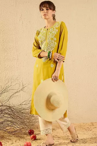 Yellow women floral kurta