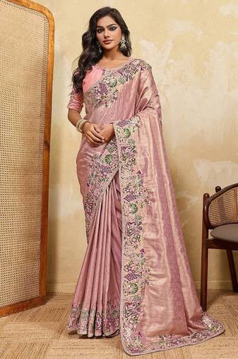 Pink soft silk blend saree with beads embroidery border