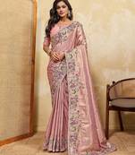Pink soft silk blend saree with beads embroidery border