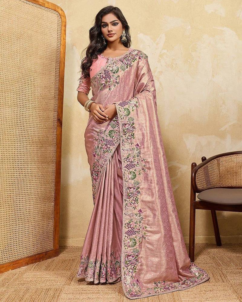 Pink soft silk blend saree with beads embroidery border