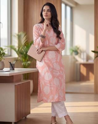 Pink floral printed v-neck straight cotton kurta 1