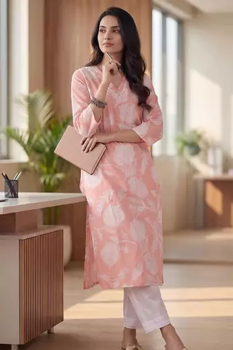 Pink floral printed v-neck straight cotton kurta
