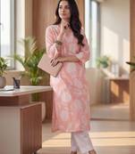 Pink floral printed v-neck straight cotton kurta