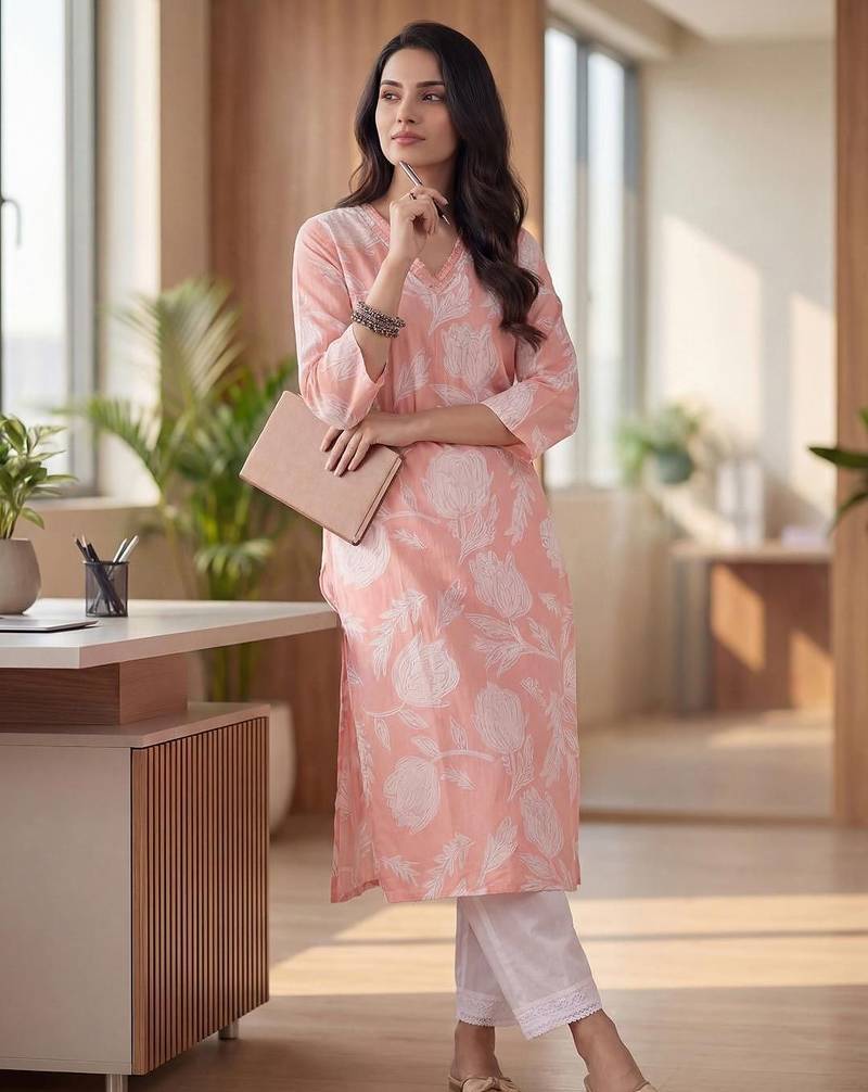 Pink floral printed v-neck straight cotton kurta