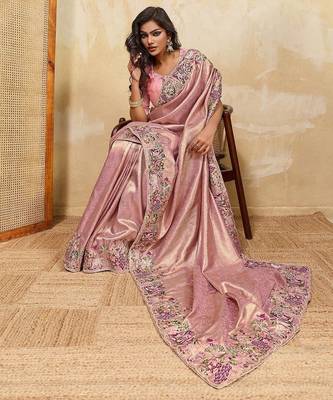 Pink soft silk blend saree with beads embroidery border 2