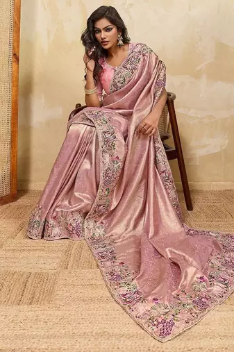 Pink soft silk blend saree with beads embroidery border