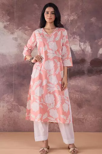 Pink floral printed v-neck straight cotton kurta