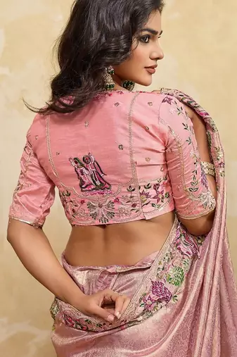 Pink soft silk blend saree with beads embroidery border