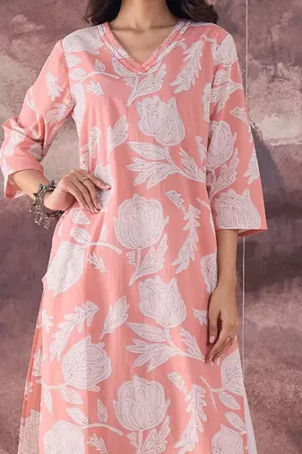 Pink floral printed v-neck straight cotton kurta