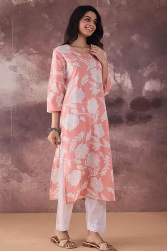 Pink floral printed v-neck straight cotton kurta