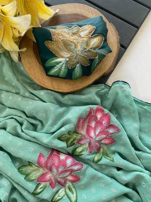 Sea green georgette printed saree with floral print 4