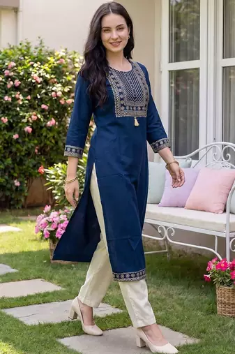 Blue women ethnic motifs embroidered thread work floral kurta
