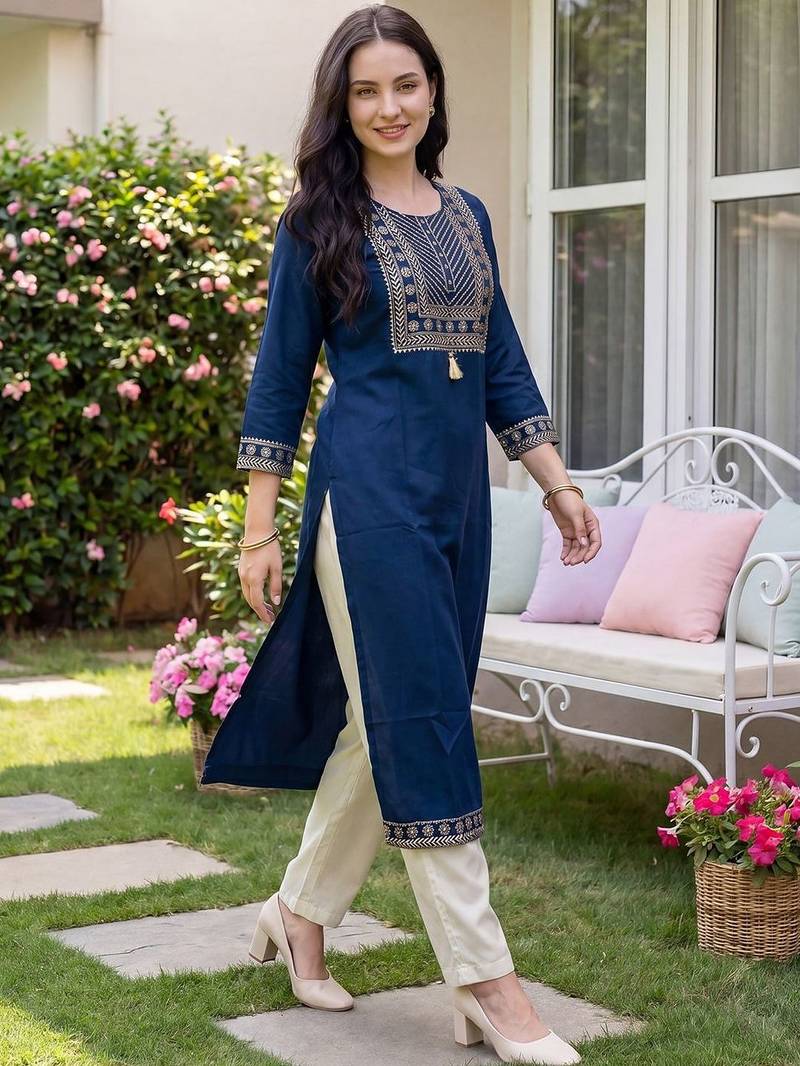 Blue women ethnic motifs embroidered thread work floral kurta