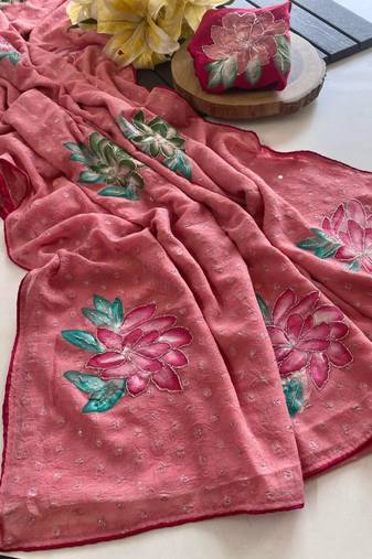Onion pink georgette printed saree with floral print
