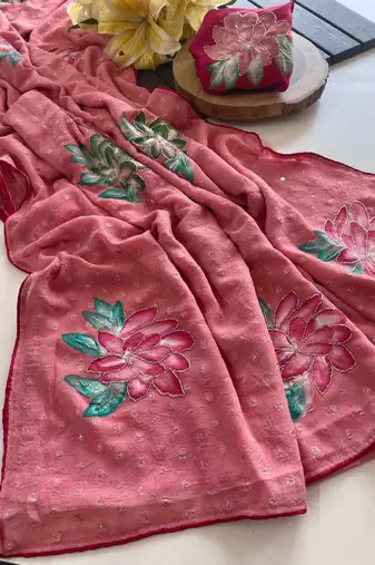 Onion pink georgette printed saree with floral print