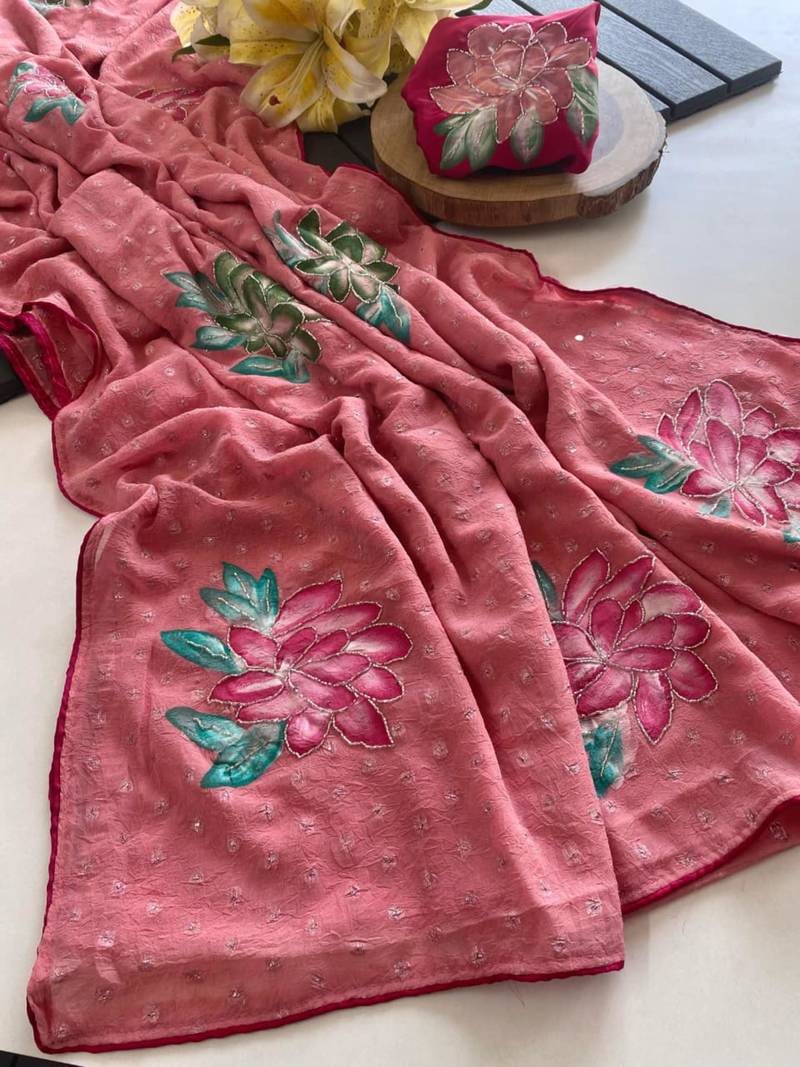 Onion pink georgette printed saree with floral print