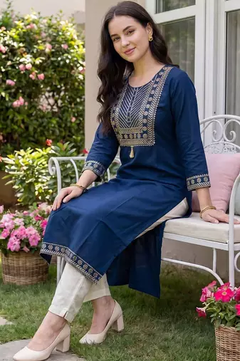 Blue women ethnic motifs embroidered thread work floral kurta