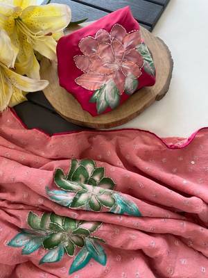 Onion pink georgette printed saree with floral print 3