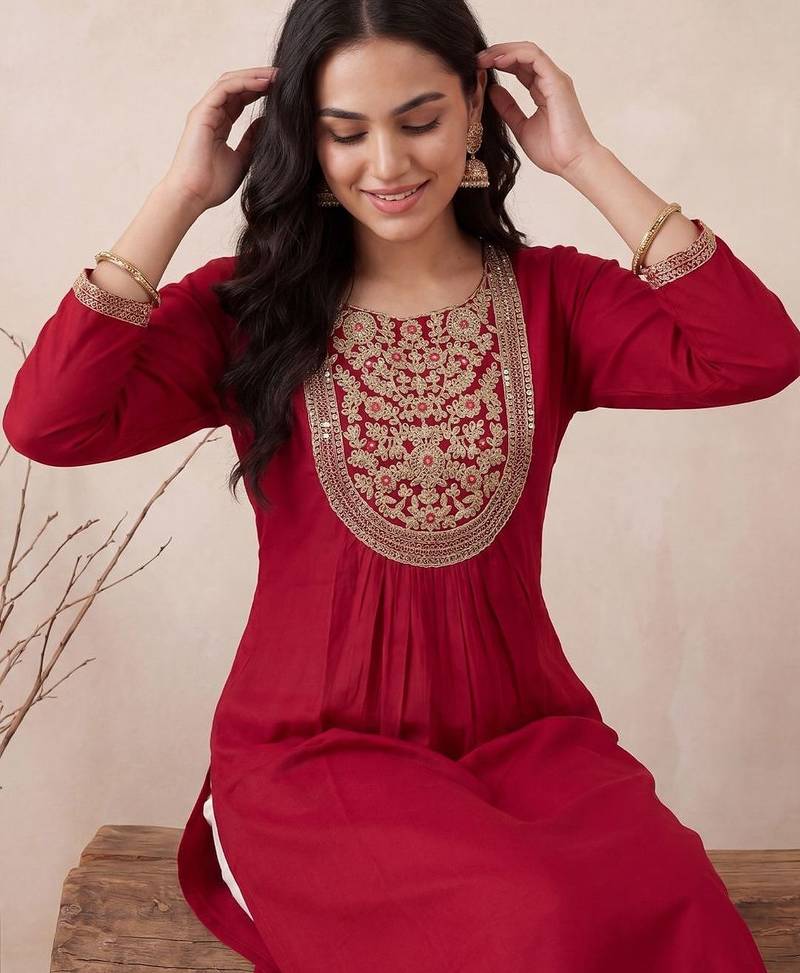 Maroon women embroidered gotta patti kurta