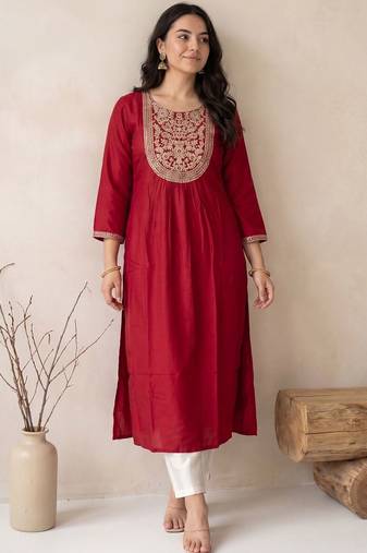 Maroon women embroidered gotta patti kurta
