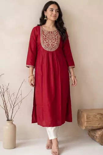 Maroon women embroidered gotta patti kurta