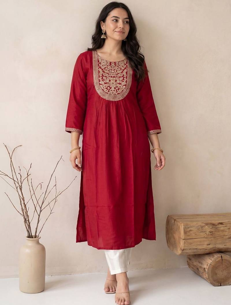 Maroon women embroidered gotta patti kurta