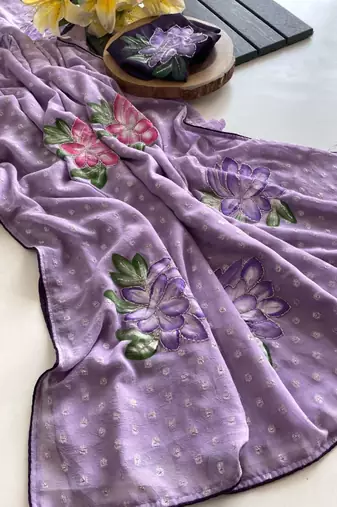 Purple georgette printed saree with floral print