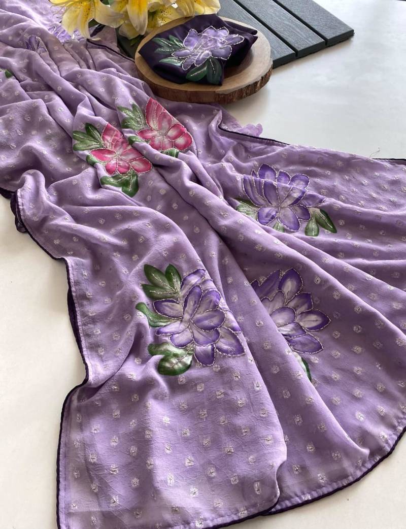 Purple georgette printed saree with floral print
