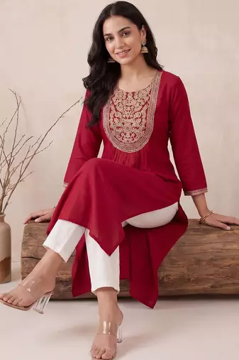 Maroon women embroidered gotta patti kurta