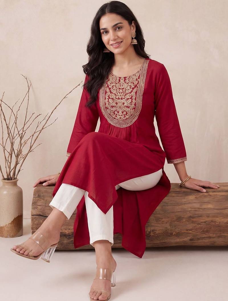 Maroon women embroidered gotta patti kurta