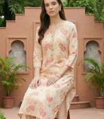 Cream women floral printed thread work floral kurta