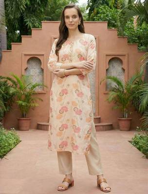 Cream women floral printed thread work floral kurta 2