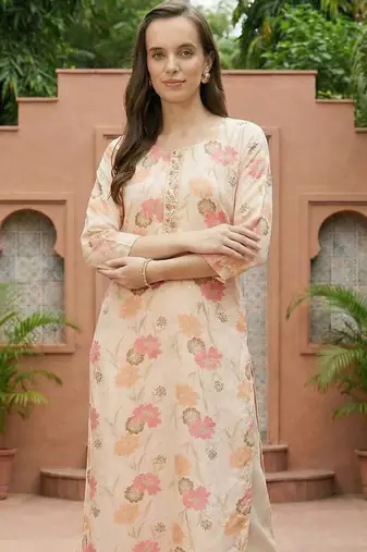 Cream women floral printed thread work floral kurta