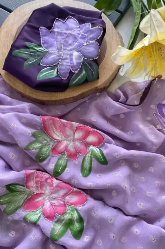 Purple georgette printed saree with floral print