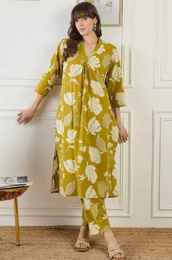 Mustard women floral printed cotton kurta with trousers
