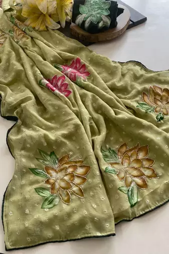 Beige georgette printed saree with floral print